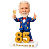 Custom 85th Birthday Bobblehead for Men Holding a Glass of Champagne –- Customizable Any Outfit & Pose