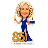 Cheers to 85 –- Custom 85th Birthday Bobblehead for Her –- Customizable Any Outfit & Pose