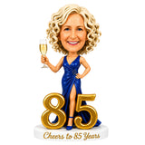Cheers to 85 –- Custom 85th Birthday Bobblehead for Her – Customizable Any Outfit & Pose