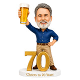 Custom 70th Birthday Bobblehead for Men Holding a Beer –- Customizable Any Outfit & Pose