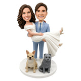Custom Bride & Groom Bobblehead Cake Topper with Dog & Cat| Customize Any Outfit & Pose