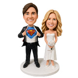 Custom Superhero Groom & Bride Bobblehead Cake Topper – Customizable Any Outfit & Pose