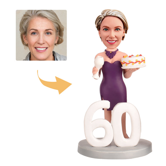 Gifts for 60th Birthday Woman - Custom Bobbleheads - The Lady with the Birthday Cake
