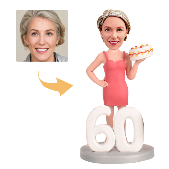 Gifts for 60th Birthday Woman - Personalized Custom Bobbleheads - The Lady with the Birthday Cake