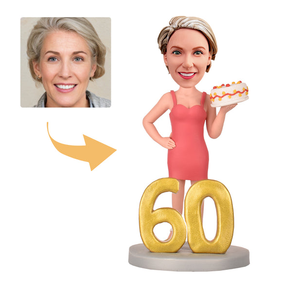 Gifts for 60th Birthday Woman - Personalized Custom Bobbleheads - The Lady with the Birthday Cake