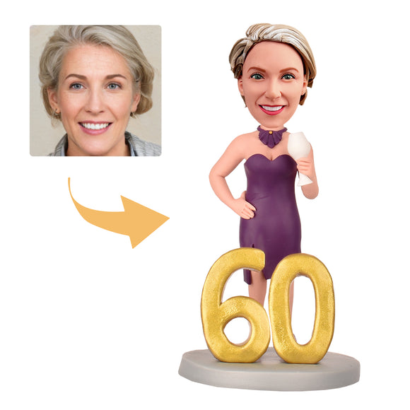 Gifts for 60th Birthday Woman - Custom Bobbleheads - The Lady in the Purple Dress