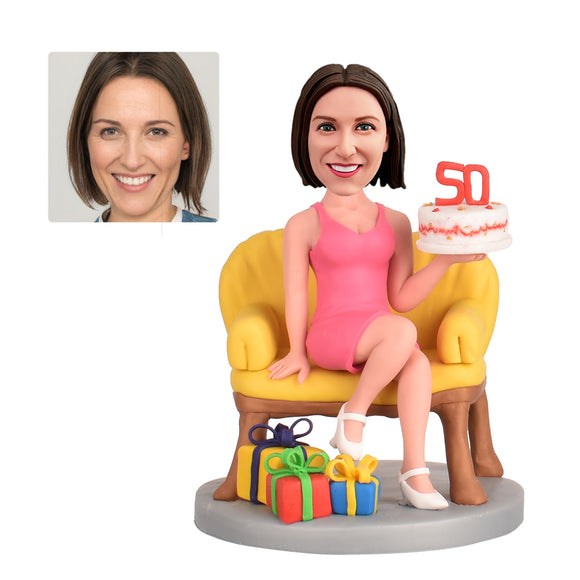 Female 50th Birthday Gift - Custom Bobbleheads - The Lady with the Birthday Cake