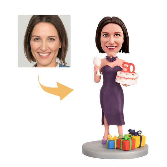 Female 50th Birthday Gift - Personalized Bobbleheads - The Lady with the Birthday Cake