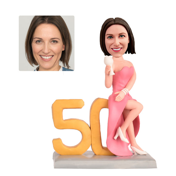 50th Birthday Gift Ideas for Women - Custom Bobbleheads - The Lady in the Long Pink Dress
