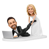 Custom Bride & Groom Bobblehead Cake Topper – Bride Pulling Groom from Laptop | Customize Any Outfit & Pose