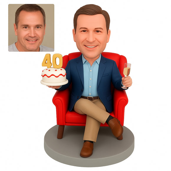 Custom 40th Birthday Bobblehead – Personalized Man Figurine with Cake & Champagne Sitting on Chair
