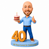 Custom 40th Birthday Bobblehead for Men Holding a Cake –– Customizable Any Outfit & Pose