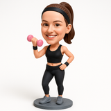 Custom Female Fitness Bobblehead with Dumbbell Curl Pose – Outfit Customization Available