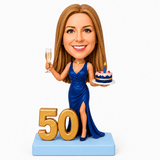 Cheers to 50 –- Custom 50th Birthday Bobblehead for Her – Customizable Any Outfit & Pose
