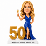 Cheers to 50 –- Custom 50th Birthday Bobblehead for Her –- Customizable Any Outfit & Pose