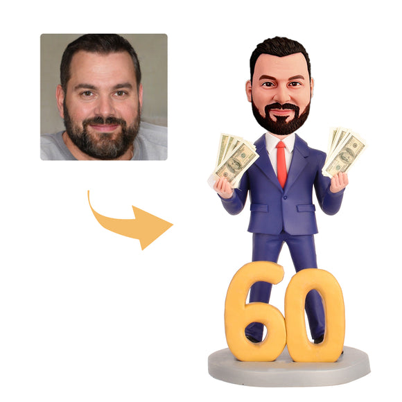 60th Birthday Gift for Men Custom Bobbleheads - The Man with the Dollar