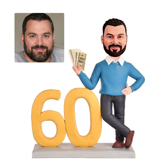 60th Birthday Gift for Men - Custom Bobbleheads - The Man with the Dollar