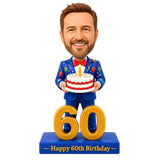 Custom 60th Birthday Bobblehead for Men Holding a Cake -– Customizable Any Outfit & Pose