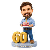 Custom 60th Birthday Bobblehead for Men Holding a Cake –– Customizable Any Outfit & Pose