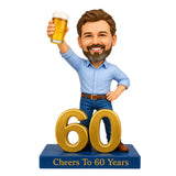 Custom 60th Birthday Bobblehead for Men Holding a Beer –- Customizable Any Outfit & Pose
