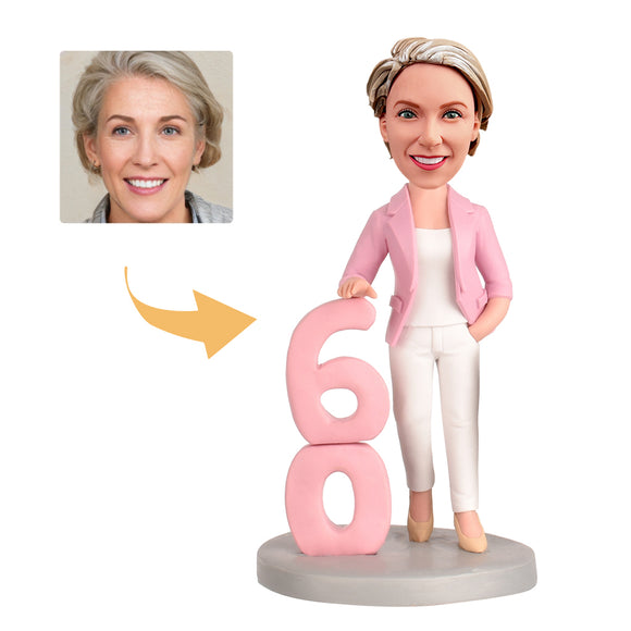 60th Birthday Gift for Mom - Custom Bobbleheads - Mom in a Pink Suit