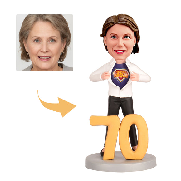 70th Birthday Gift for Mom Personalized Custom Bobbleheads - Super Mom