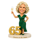Cheers to 65 –- Custom 65th Birthday Bobblehead for Her – Customizable Any Outfit & Pose
