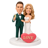 Custom Bride & Groom Bobblehead Wedding Gift – Champagne Toast with LOVE Heart | Customizable Any Outfit & Pose