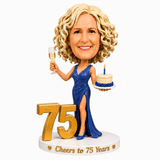 Cheers to 75 –- Custom 75th Birthday Bobblehead for Her –- Customizable Any Outfit & Pose