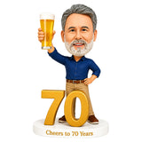Custom 70th Birthday Bobblehead for Men Holding a Beer –- Customizable Any Outfit & Pose