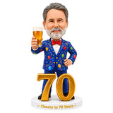 Custom 70th Birthday Bobblehead for Men in a Party Suit –– Customizable Any Outfit & Pose