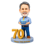Custom 70th Birthday Bobblehead for Men Holding a Cake –– Customizable Any Outfit & Pose