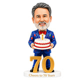 Custom 70th Birthday Bobblehead for Men Holding a Cake –– Customizable Any Outfit & Pose