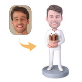 Male baker holding a basket of bread   custom bobblehead