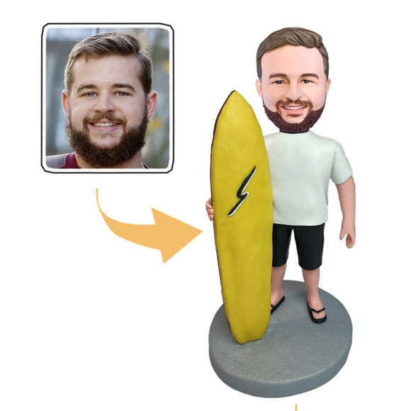 Custom Surfing Male Bobblehead Doll With A Yellow Surf Board